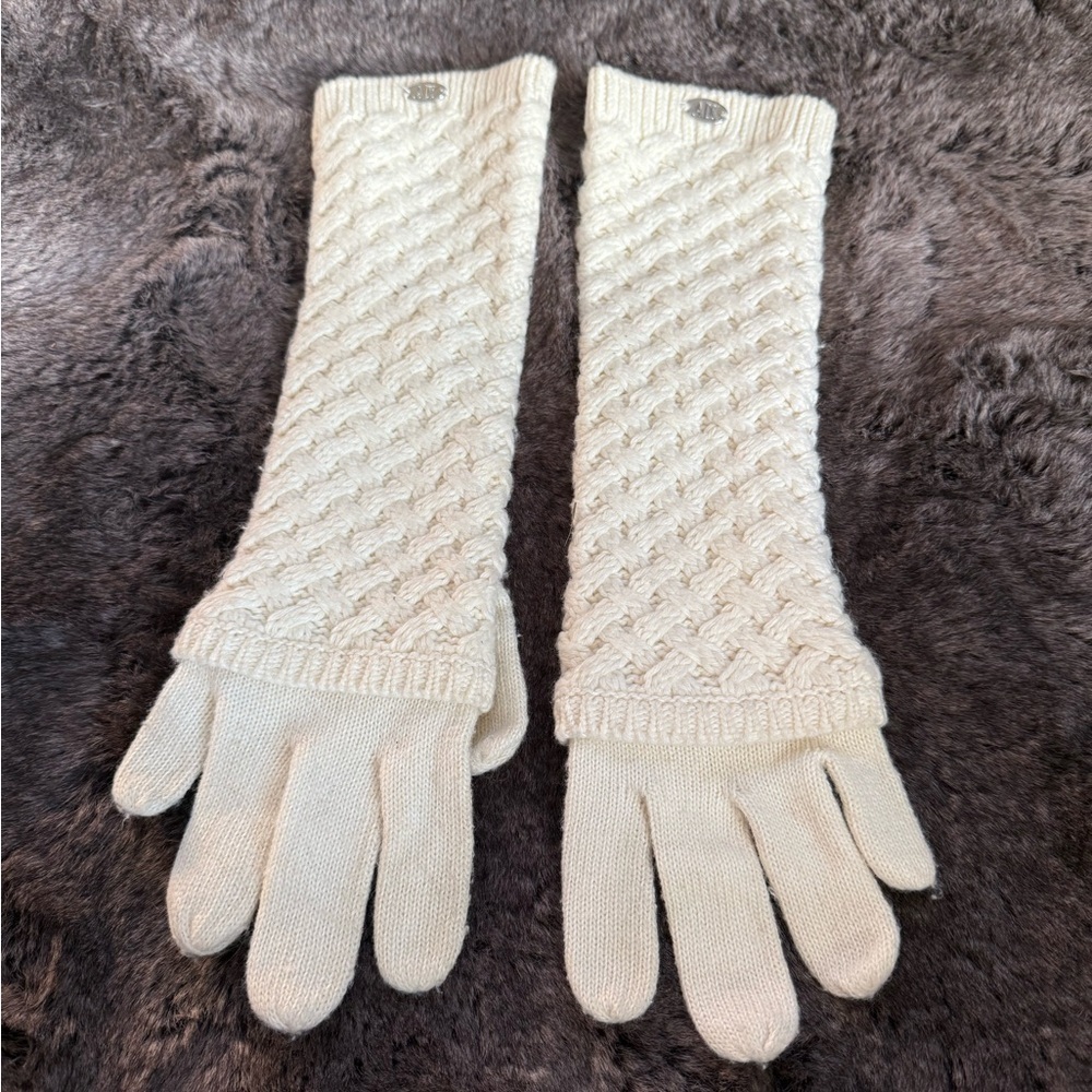 Armani Exchange Womens Knit White Cream Logo Long Gloves Cotton Wool blend